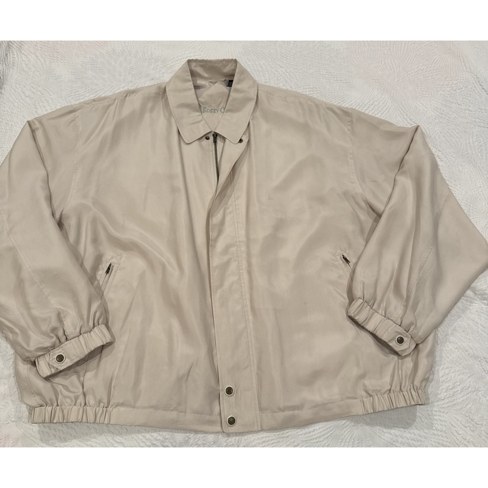 Vintage Bobby Chan Jacket Men's  4X 100% Silk Full Zip Pockets Lightweight Ivory